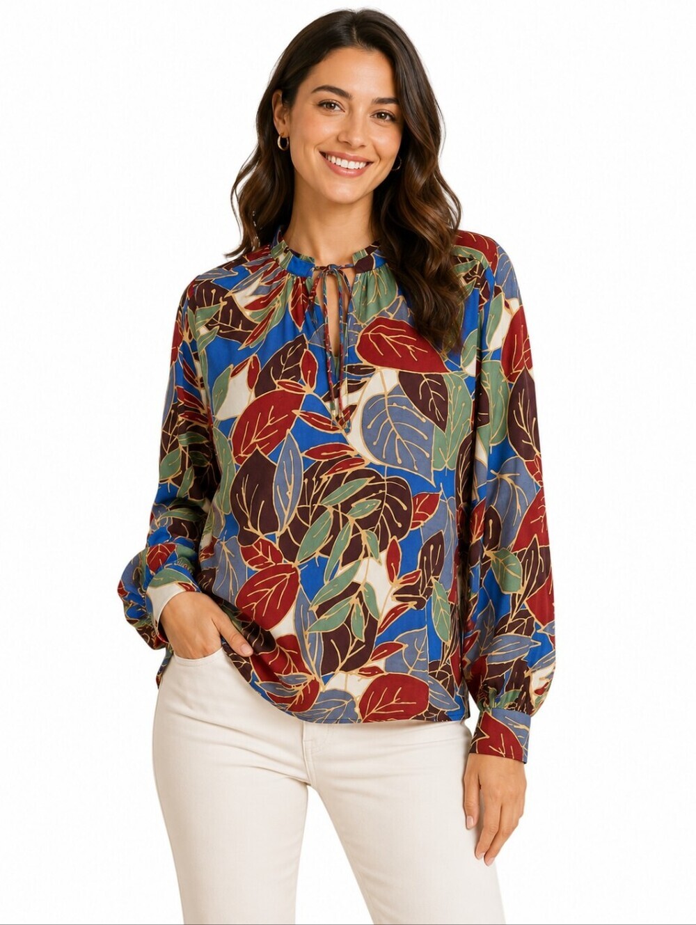 Masai MaBonitai Blouse M NWT Fall Blue Leaf Print Viscose Tie Neck